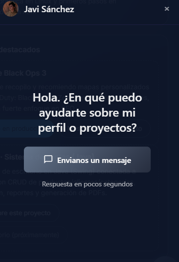 Chatbot IA del portfolio abierto en la esquina inferior derecha